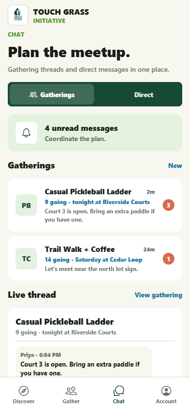 The app's Chat screen: gathering threads and direct messages for planning meetups
