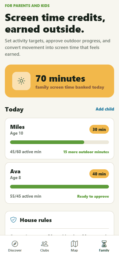The app's Family screen: kids' outdoor progress converting into banked screen time