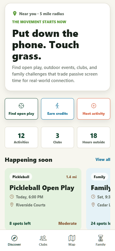 The app's Discover screen: nearby open play, quick stats, and gatherings happening soon