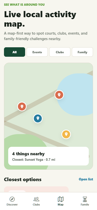 The app's live map screen showing events, clubs, and family activities nearby
